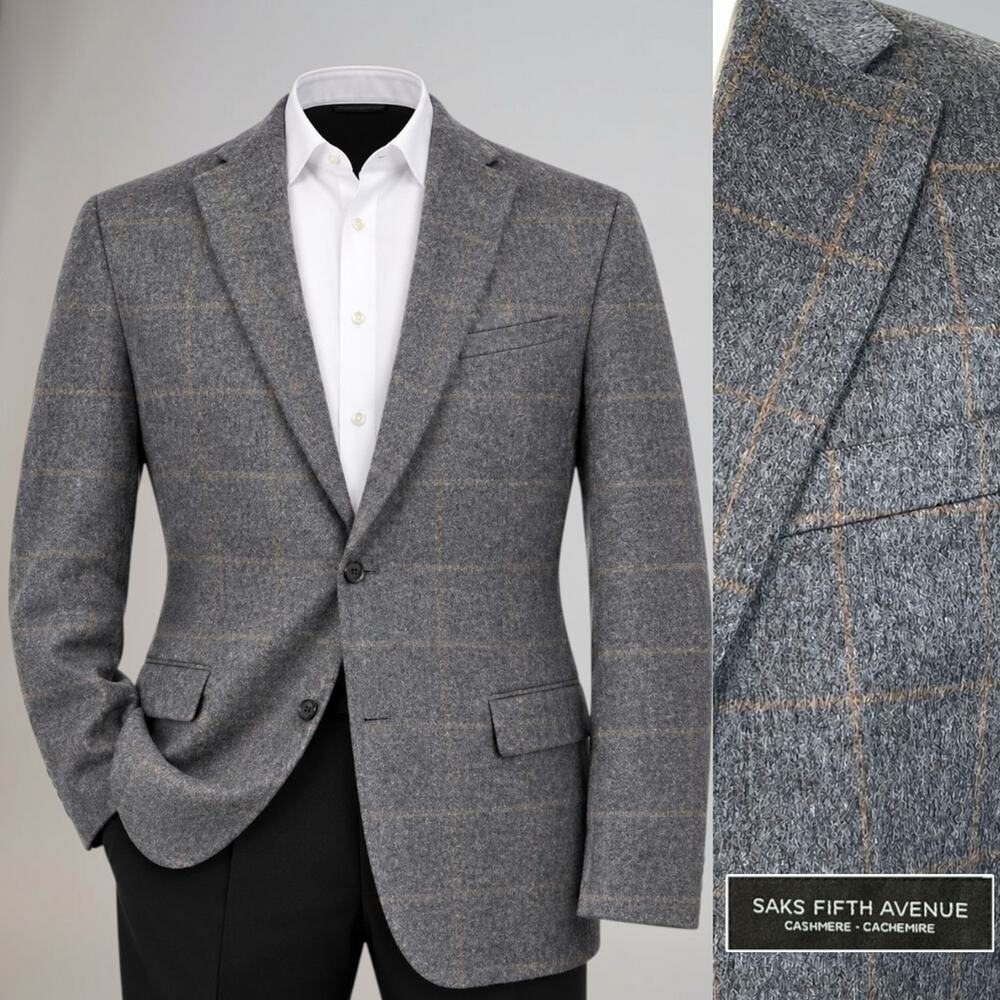 Saks 100% Brushed Cashmere Sport Coat 44-46L Gray Camel Windowpane Plaid